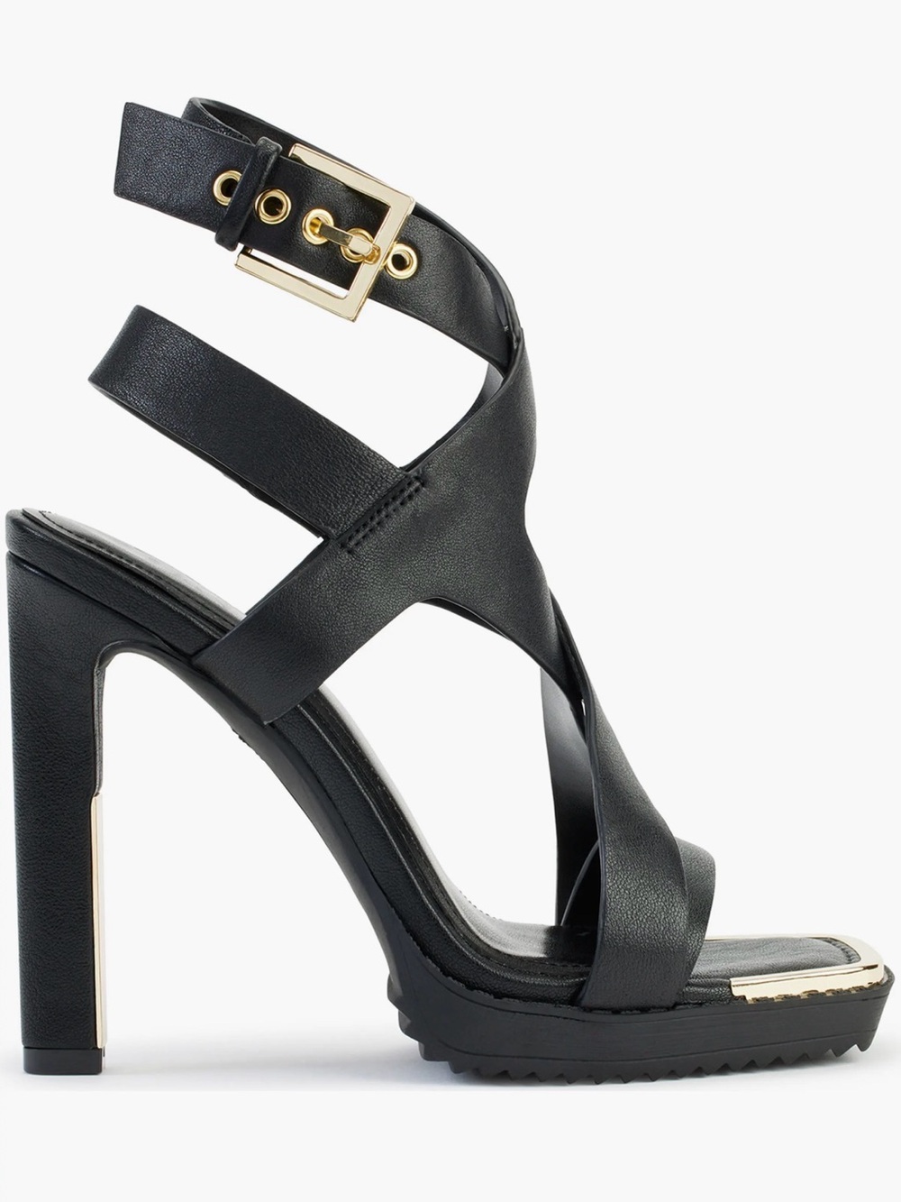 DKNY Mabel Black Strappy High Heel Sandals with Gold Accent-Size US8